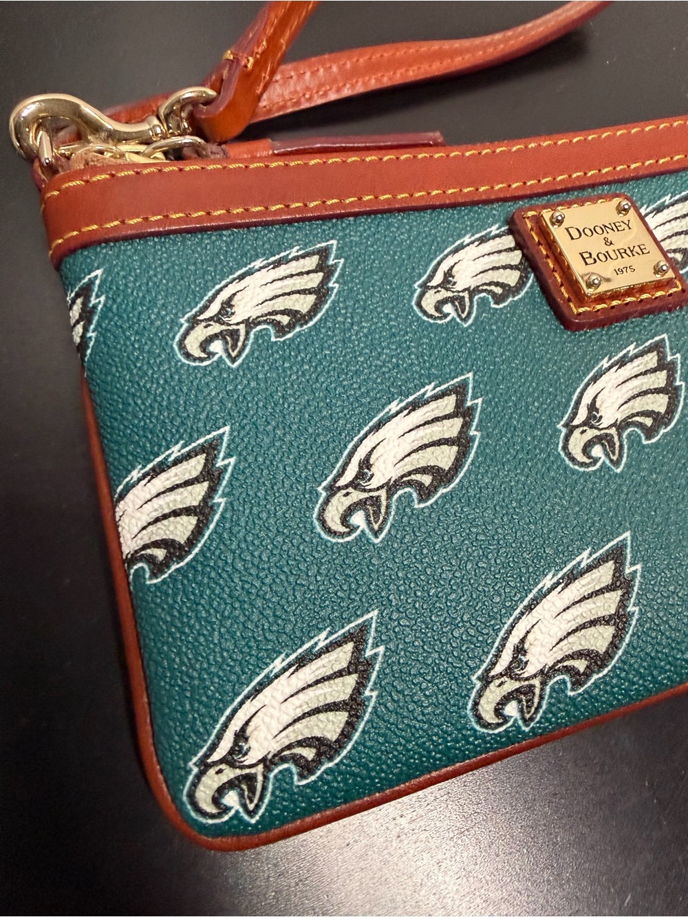 Dooney & Bourke Teal Philadelphia Eagles Logo Wristlet with Brown Leather Trim - Picture 5 of 8